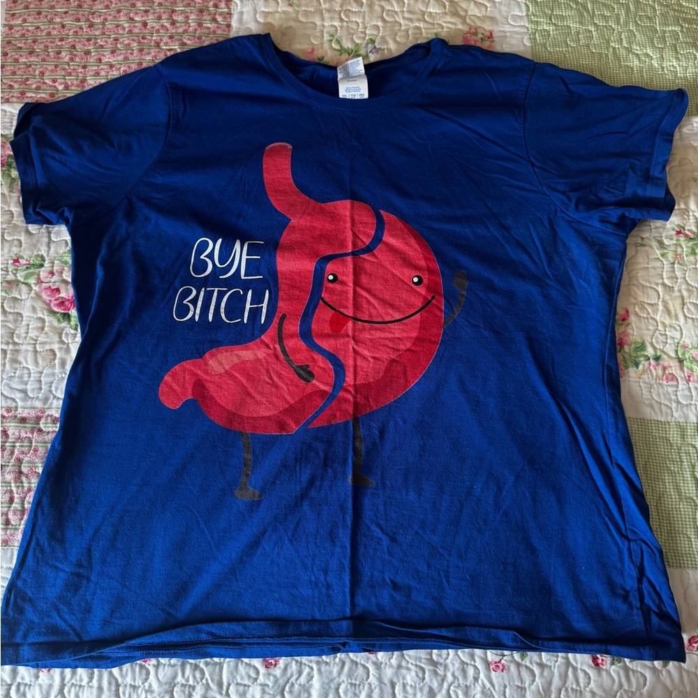 Blue woman’s funny gastric bypass surgery bye b***h Shirt with Red Graphic